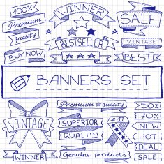Hand drawn banner and tag icons with captions stars