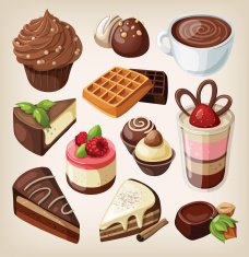 Set of chocolate sweets cakes and other food