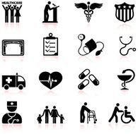 USA healthcare reform black and white vector icon set