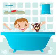 Little Boy and Dog Taking a Bath