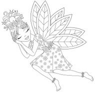 Cute fairy in dress with wings is sleeping coloring book