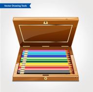 Box of wooden pencils on white background