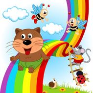 animals and insects ride on rainbow