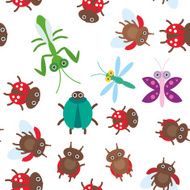 butterfly dragonfly mantis beetle ladybugs seamless pattern on white background