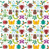Spider butterfly caterpillar dragonfly mantis beetle wasp ladybugs seamless pattern