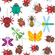 butterfly dragonfly mantis beetle wasp ladybugs seamless pattern on white