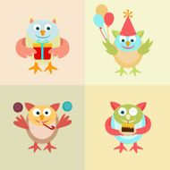Four colourful funny owls icons