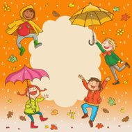 Happy Kids playing jumping around placard with umbrella