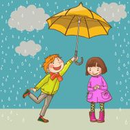 Boy giving an umbrella to Asian girl Autumn background