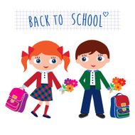 Schoolchildren with schoolbags and flowers Vector illustration