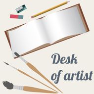 Desk of artist drawing accessories