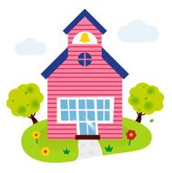 Cartoon school building with garden isolated on white