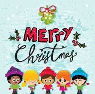 Merry Christmas Children on a Blue Background