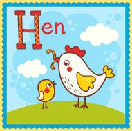 Illustrated alphabet letter H and hen