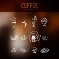 Coffee drawing menu icons set at dark backdrop