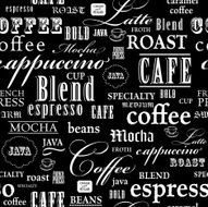 Coffee themed words repeating seamless background