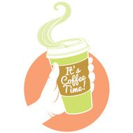 Hand holding dispossable coffee cup Cardboard cover with text &quot;