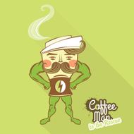 Coffee man character standing with his hands on the hips