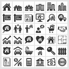 Black and white real estate transaction icons