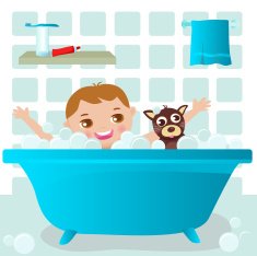 Little Boy and Dog Taking a Bath