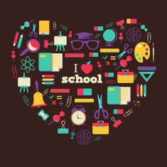 Set of school elements and subject in heart