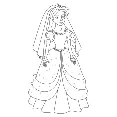 Beautiful bride gentle princess in wedding dress coloring book page
