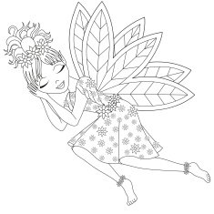 Cute fairy in dress with wings is sleeping coloring book