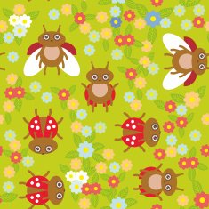 Funny insects ladybugs seamless pattern green background flowers leaves Vector