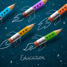Education Rocket ship launch with pencils - sketch on the