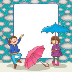 Happy Boy and Girl beside around placard with umbrella Clouds