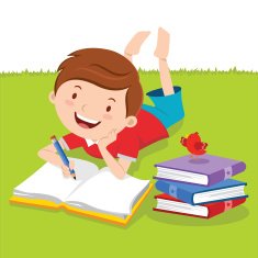 Little boy writing with books Creative Writing