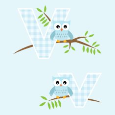 Alphabet for baby boy with owl vector letters V