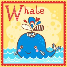 Illustrated alphabet letter W and whale