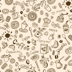 Seamless doodles background with coffee and bakery products