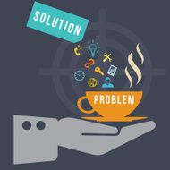 Hand holding coffee cup with business icons