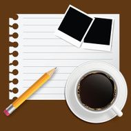 Blank book with coffee and photo frame vector illustration