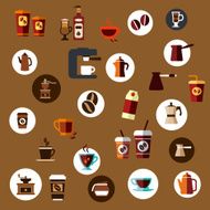 Flat takeaway coffee cups beans pots icons