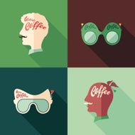 Set of colorful coffee flat square icons with long shadows