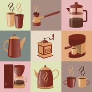 Equipment for making coffee icons set