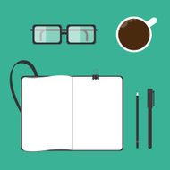 Coffee cup notebook glasses pen pencil