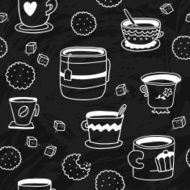 Doodle seamless pattern with cups cookies and sugar on blackboard