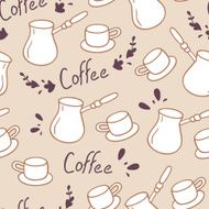 Doodle coffee seamless pattern with lettering Hand drawn backgrond