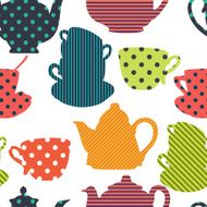 seamless pattern with colorful cups coffee and teapot silhouett