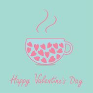 Love teacup with hearts Happy Valentines Day card Blue Flat