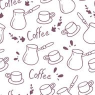 Doodle coffee seamless pattern with lettering Hand drawn background
