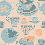 Vector seamless pattern with teapots teacups spoon N5