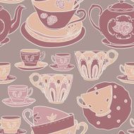 Vector seamless pattern with teapots teacups spoon N6