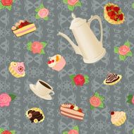Seamless pattern with coffee pot cups cakes and roses