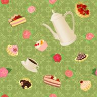 Seamless pattern with coffee pot cups cakes and roses N2