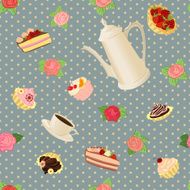 Seamless pattern with coffee pot cups cakes and roses N3
